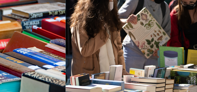 Two photos: books on a table and two woman browsing books on a table