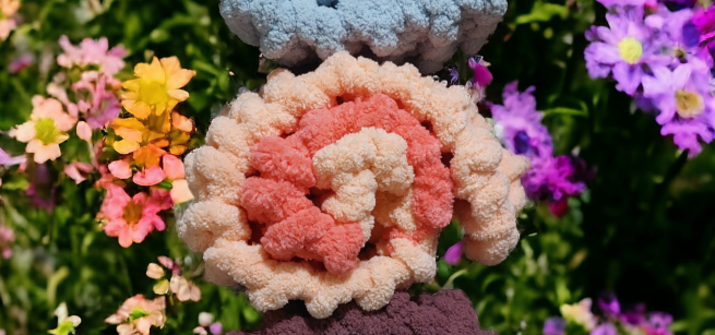 Hand knit scarves in a field of flowers