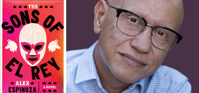 Author Alex Espinosa pictured next to the cover of The Sons of El Rey