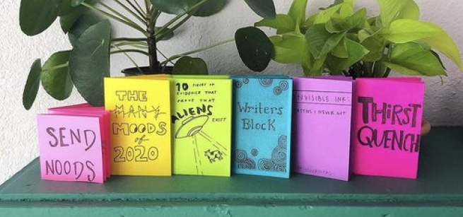 colorful zines on a bookshelf