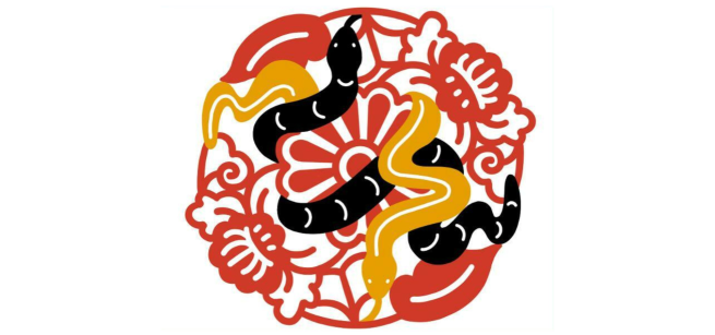 illustration of ablack striped snake and an orange snake over a circular red and white floral design