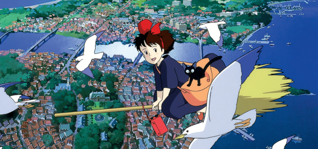Kiki flying in the sky on a broom with her cat 