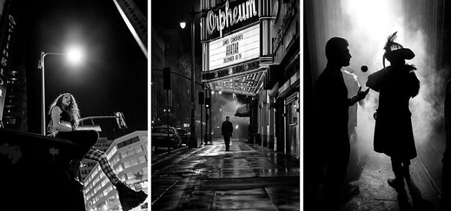 Black and White Photos of men and women on city streets