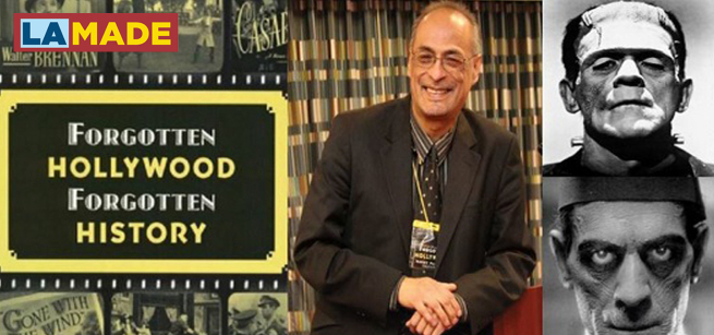 Photograph of one man and also photographs of Hollywood classic monsters