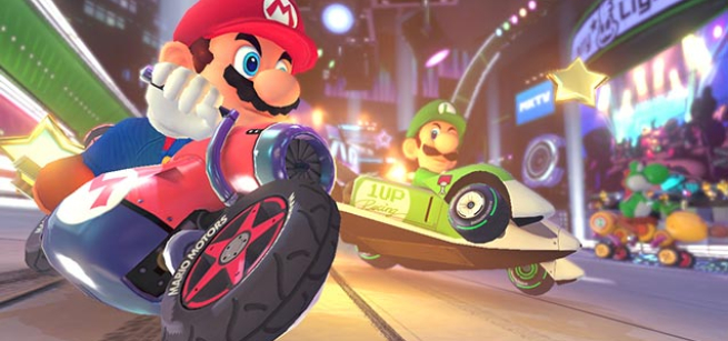 Mario on a motorcycle racing Luigi