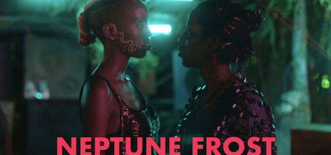 Title card from Neptune Frost. Two people wearing futuristic fashion face each other.