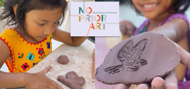 Young girl making clay figures. Impression of a bird on a piece of clay.