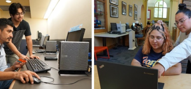 Adults and Cybernauts are learning and teaching about computers in the library together.
