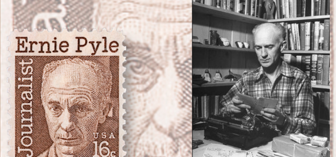 Ernie Pyle postage stamp next to Ernie Pyle sitting at a typewriter.