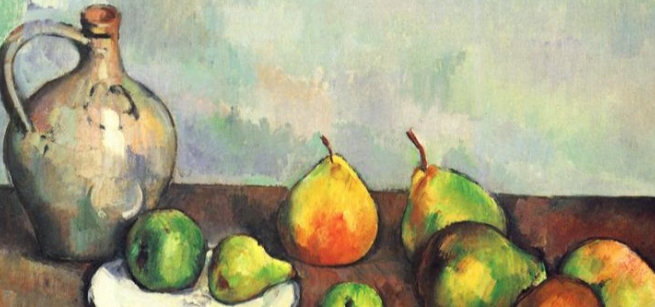 A still life painting with a pitcher, plate, and pears.