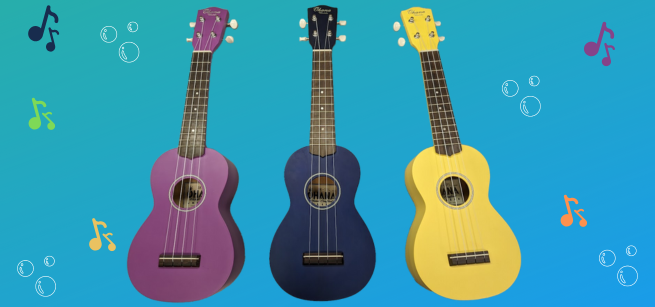 colorful ukuleles with a blue blackground, air bubbles and colorful musical notes