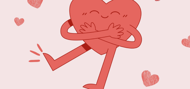 An illustration of a red heart with legs, arms, and a face hugging itself.