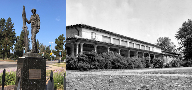 Statue of Amelia Earhart in North Hollywood Park alongside a photo of the library's exterior
