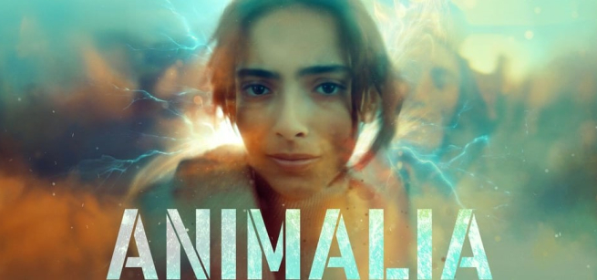 The head of actor Sofia Alaoui is shown in front of a lightning storm.