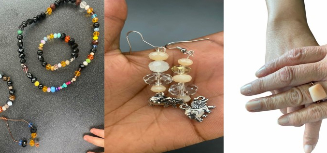 Image of wire beaded bracelets, beaded earrings, and wire ring with stone