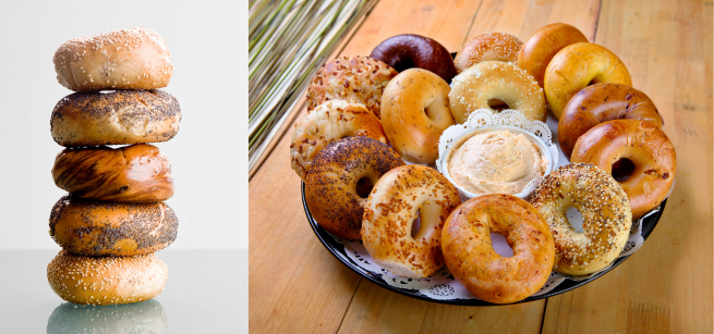 Photos of stacks of bagels