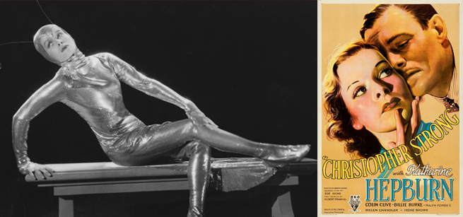 Katherine Hepburn in a silver costume alongside the movie poster for the film, Christopher Strong