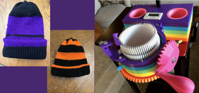 Picture of crank-knitting machine and beanies