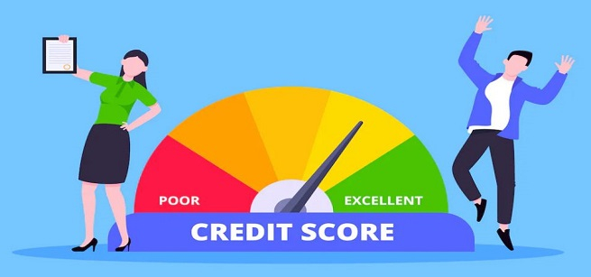 Man and Woman Junping Next to Credit Score Gauge