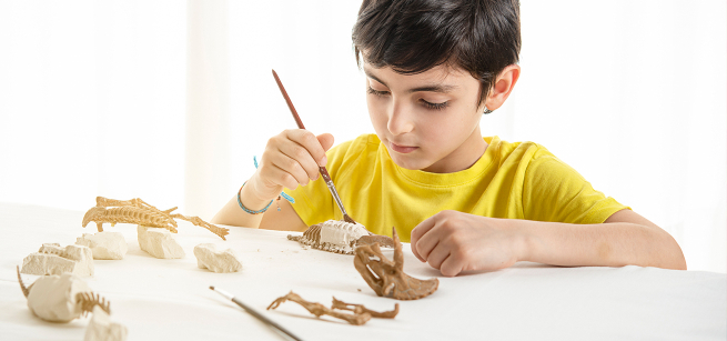 A boy cleaning dinosaur fossils with a brush.