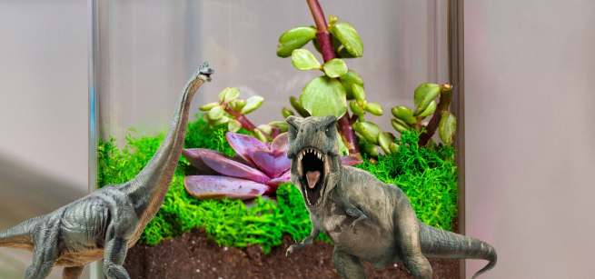 A small dinosaur figurine growls in front of a homemade tiny terrarium.
