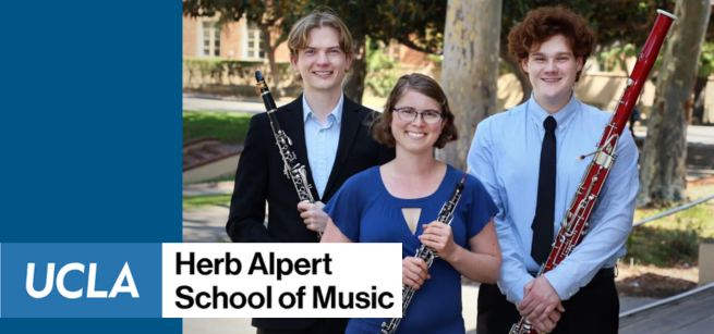 Group photo of the Gluck Innellis Trio + UCLA Herb Alpert logo 