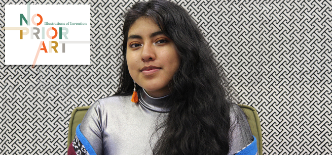 A smiling Zapotec-American artist with a geometric background. 