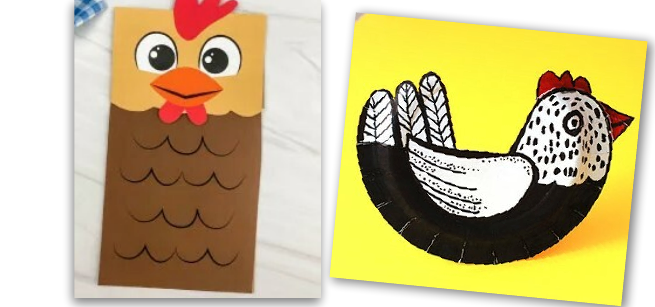 A paper bag chicken and a paper plate chicken craft