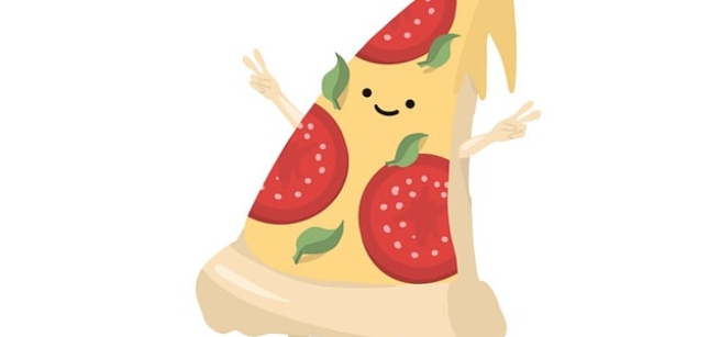a smiling pice of pizza with hands up, Image by cromaconceptovisual from pixabay