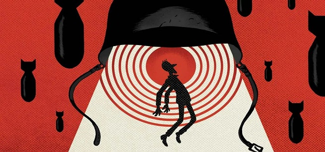 Image of man with bombs falling around him