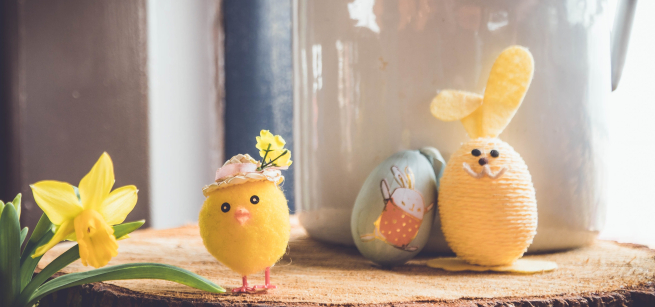 spring decor of chicks, flowers and bunny
