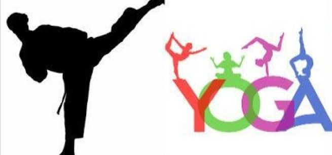 martial arts instruction kicking his leg up and yoga spelled out with people posing on each letter