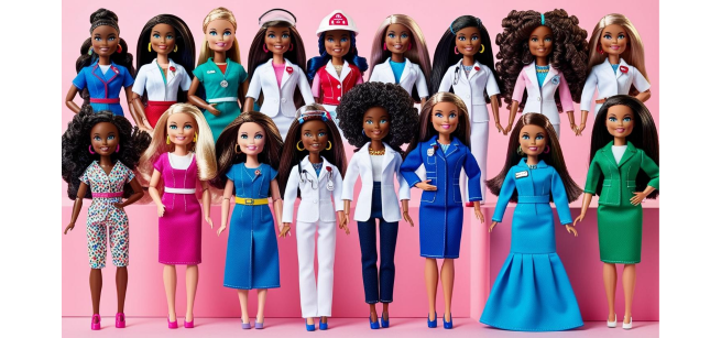 A variety of dolls dressed in different career uniforms.