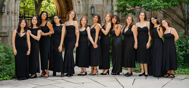 Photo of 13 members of whim n rhythm singing group in black formal dresses.