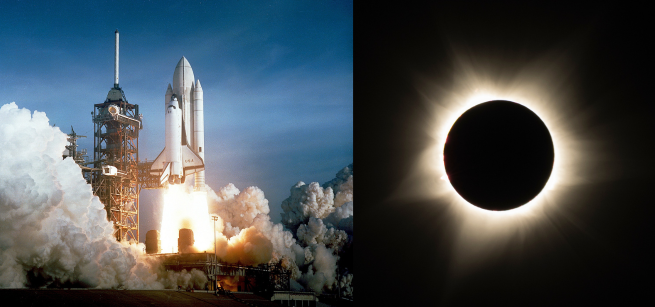 One half has a picture of a space shuttle preparing for take off; the second half of the picture has a lunar eclipse.