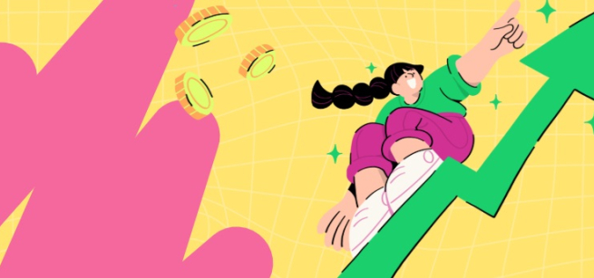 An illustrative drawing of a woman atop a green arrow pointing upwards with gold coins falling behind her..