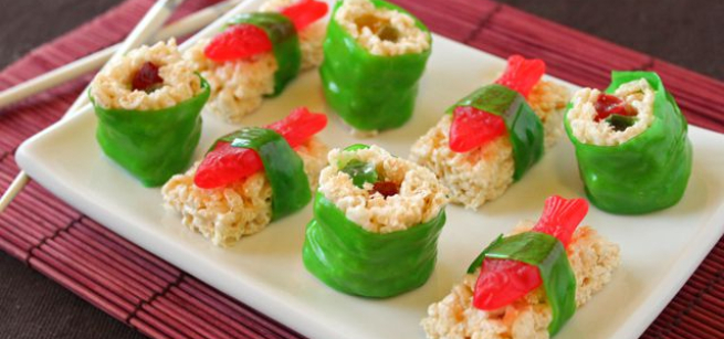 candy sushi tray with chopsticks