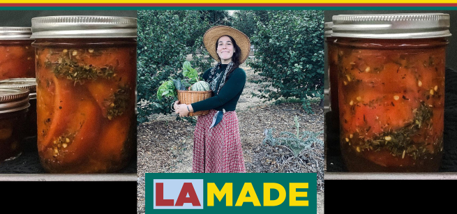 a person holding a basket with various vegetables in it and the LA Made logo