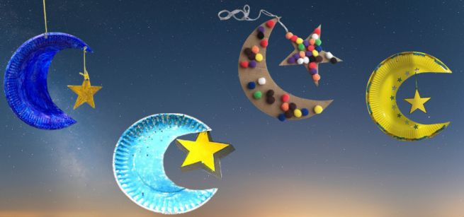 Crescent moons and stars made out of paper plates.