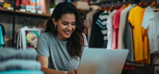 Woman smiling and looking at a laptop computer. She is sitting in a shop surrounded by clothing on hangers.