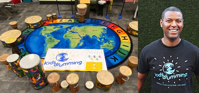 Delton Davis next to a photo of different percussions layout out on a carpet