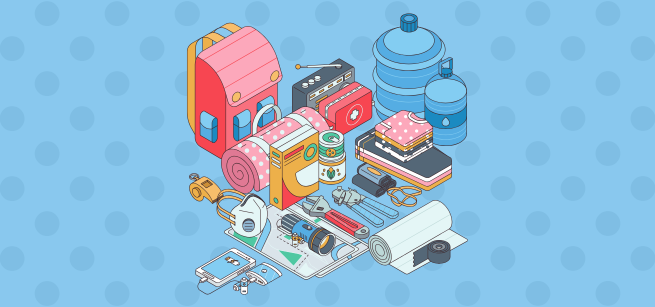 A colorful graphic of various disaster preparedness items including a backpack, first aid kit, food rations, batteries, and a flashlight.