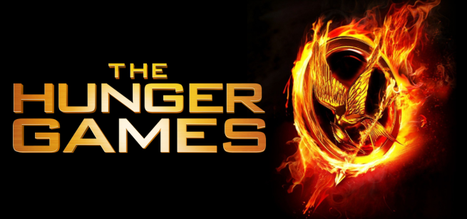 "The Hunger Games" title with a fiery mockingjay emblem on a black background.