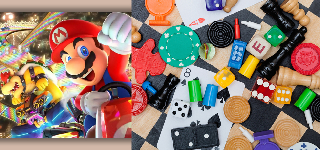 Split image of Mario Kart characters on the left side and a collection of board game items on the right side