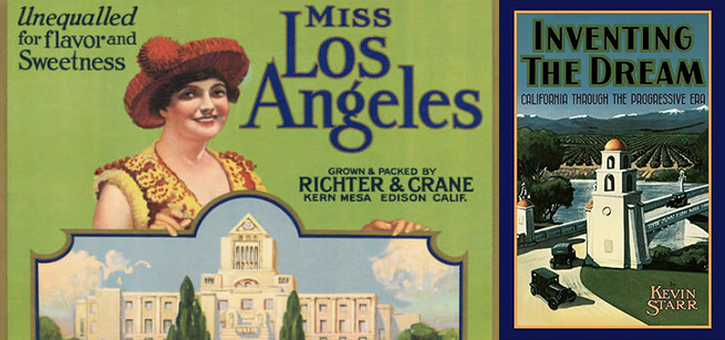 Fruit crate label next to the Inventing the Dream book cover