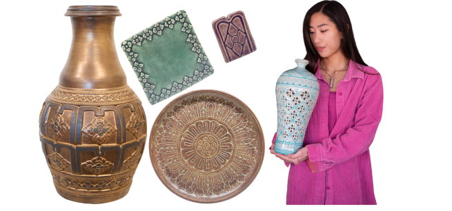 Image of woman with straight black hair and pink jacket holding a carved ceramic jar. To her left are four other carved ceramic pieces.