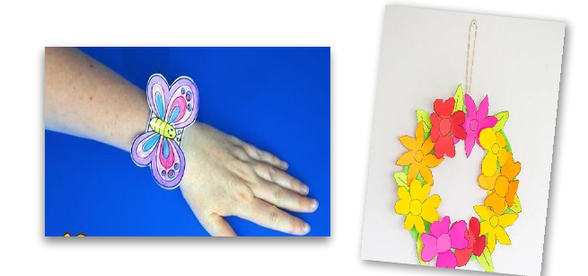 A paper butterfly bracelet and a flower wreath craft 