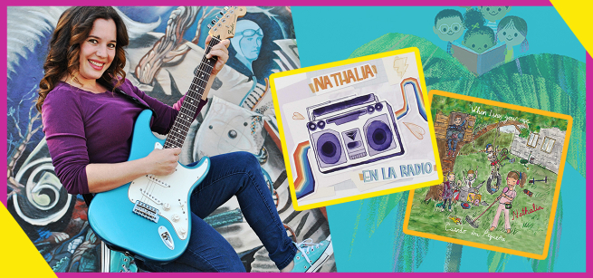 Nathalia with a guitar next to a drawing of her album cover "when i was younger"