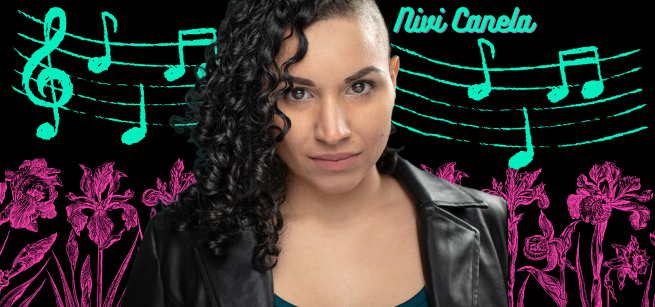 Nivi Canela with musical notes in the background