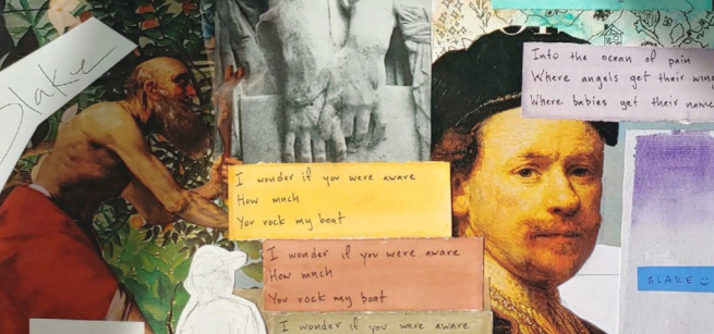 A collage of various magazine images and poetic text.